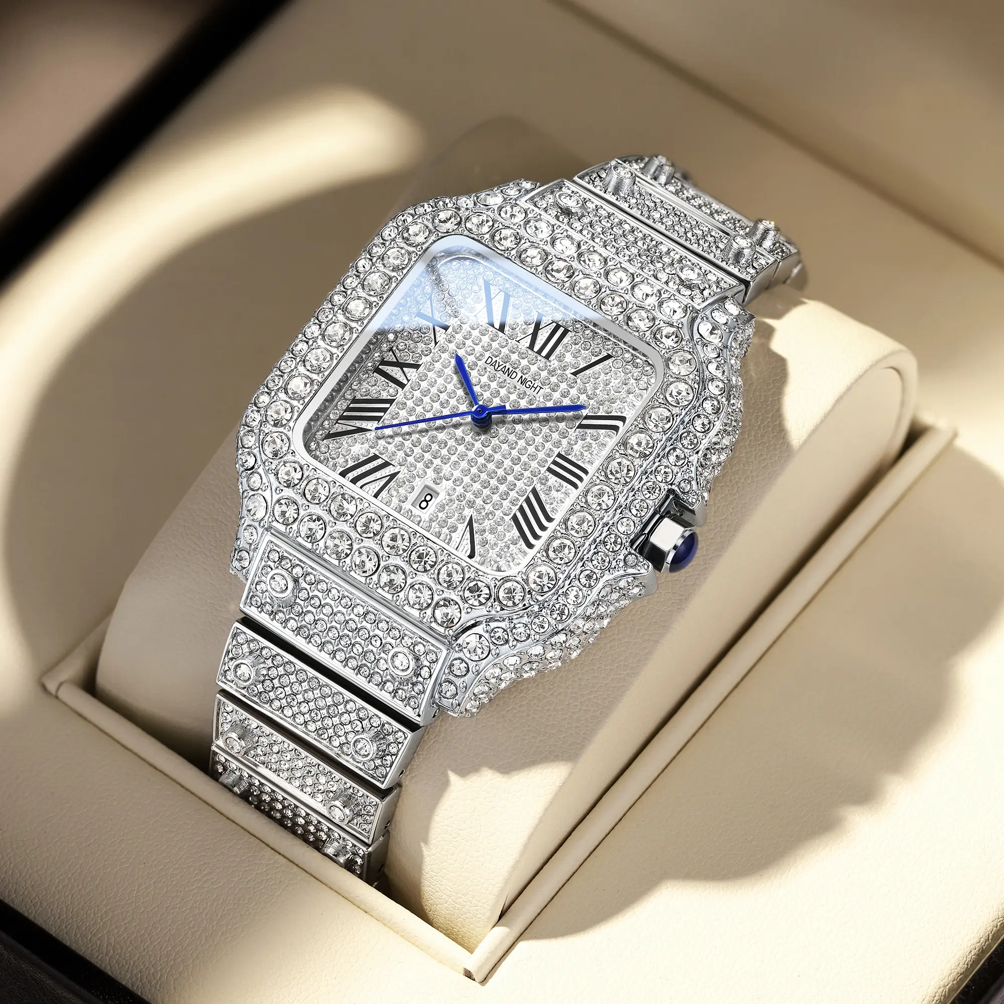 Unisex Elegant Quartz Watch - AAA+ Moissanite Roman Numerals Dial, Waterproof Date, Adjustable Link Alloy Strap, Durable Watch, Luxury Fashion Accessory for Valentine's Day Gifting