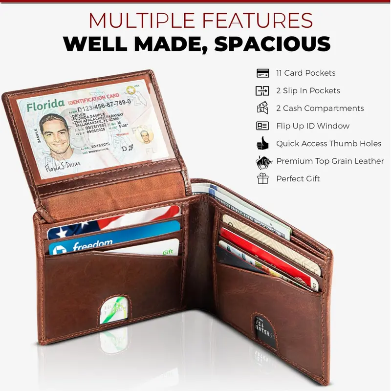 BULL GUARD Mens RFID Blocking Bifold Wallet Soft Genuine Leather Brown Western | Secure and Durable Extra Capacity Billfold-11 Credit Cards Flip Up ID