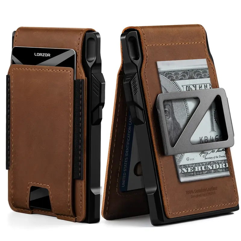LORZOR 1979 Slim Fit Plain Full-Grain Leather-Alum. Bifold Men's Wallet for Business, Genuine Leather-Alum. Design with Magnetic ID Window,  Aluminum Pop-up Card Holder, Money Clip